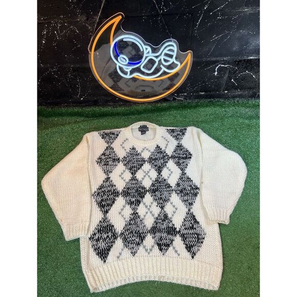 VTG Peter England Mens XL Handmade 100% Acrylic Black&White Sweater‎ Hand Knit - Picture 1 of 7